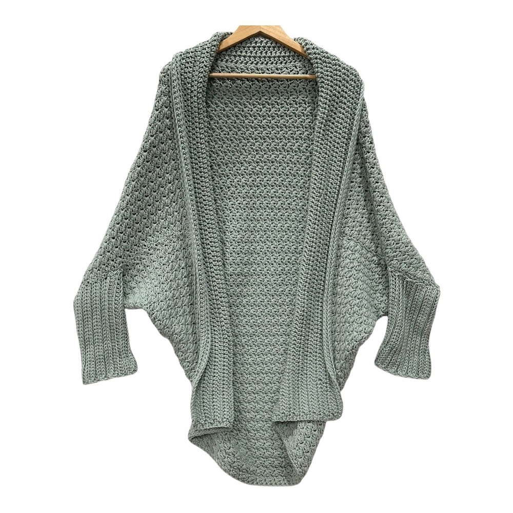 Handmade Crochet Cocoon Cardigan M Sage Green Batwing Sleeve Oversized Sweater